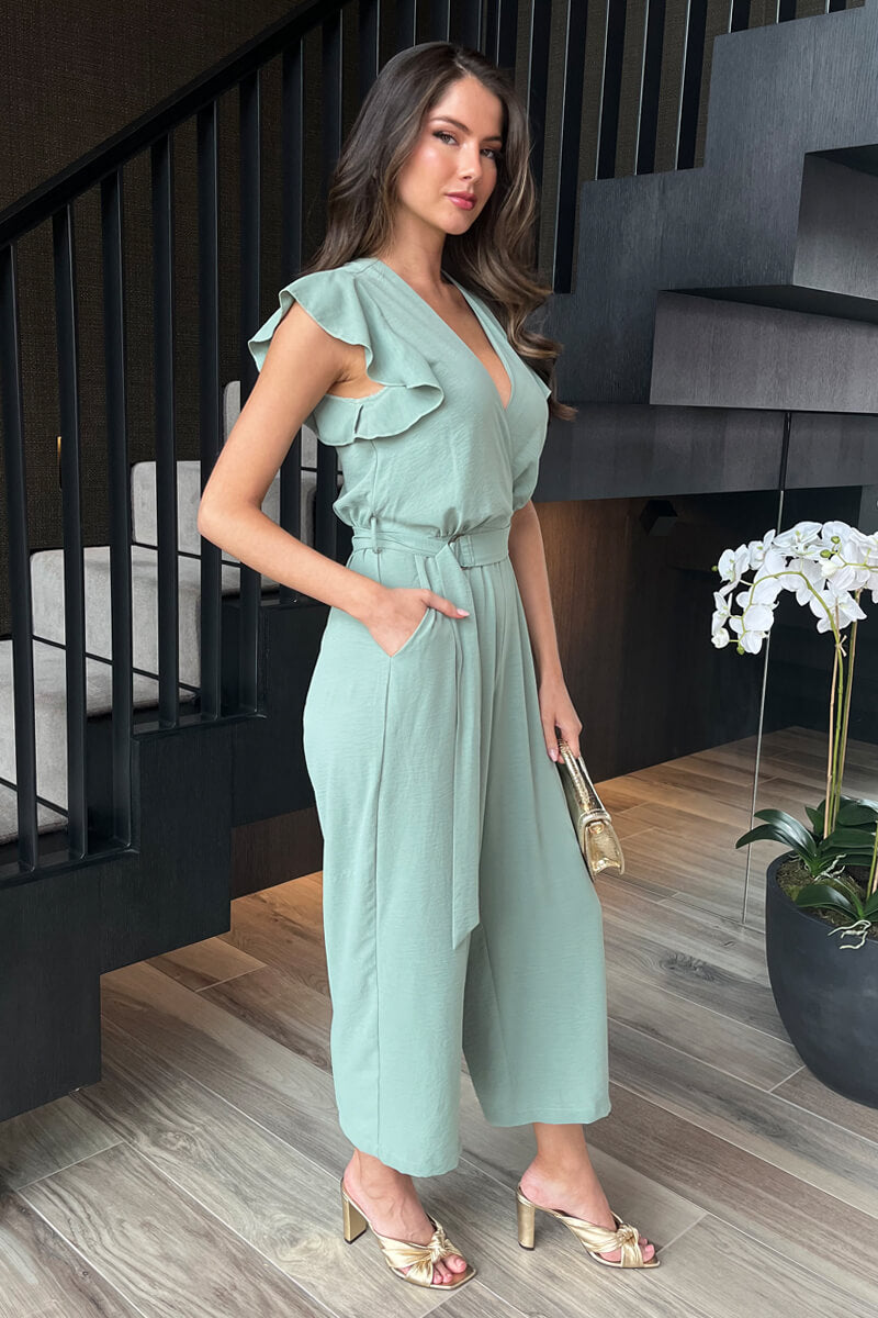 Benelux-fashion™|Eendeneieren Wrap Top Flutter Mouw Geknoopte Jumpsuit
