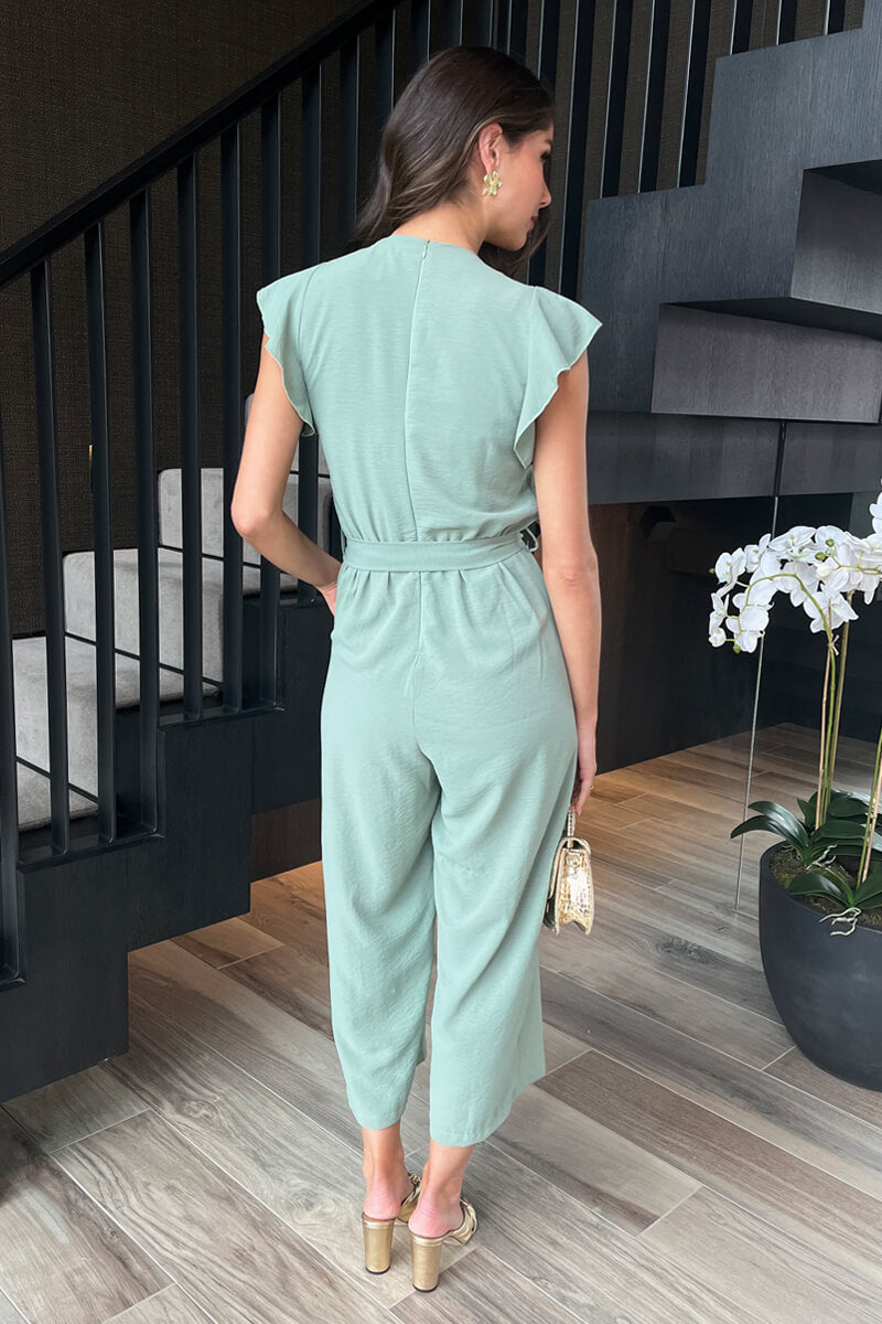 Benelux-fashion™|Eendeneieren Wrap Top Flutter Mouw Geknoopte Jumpsuit