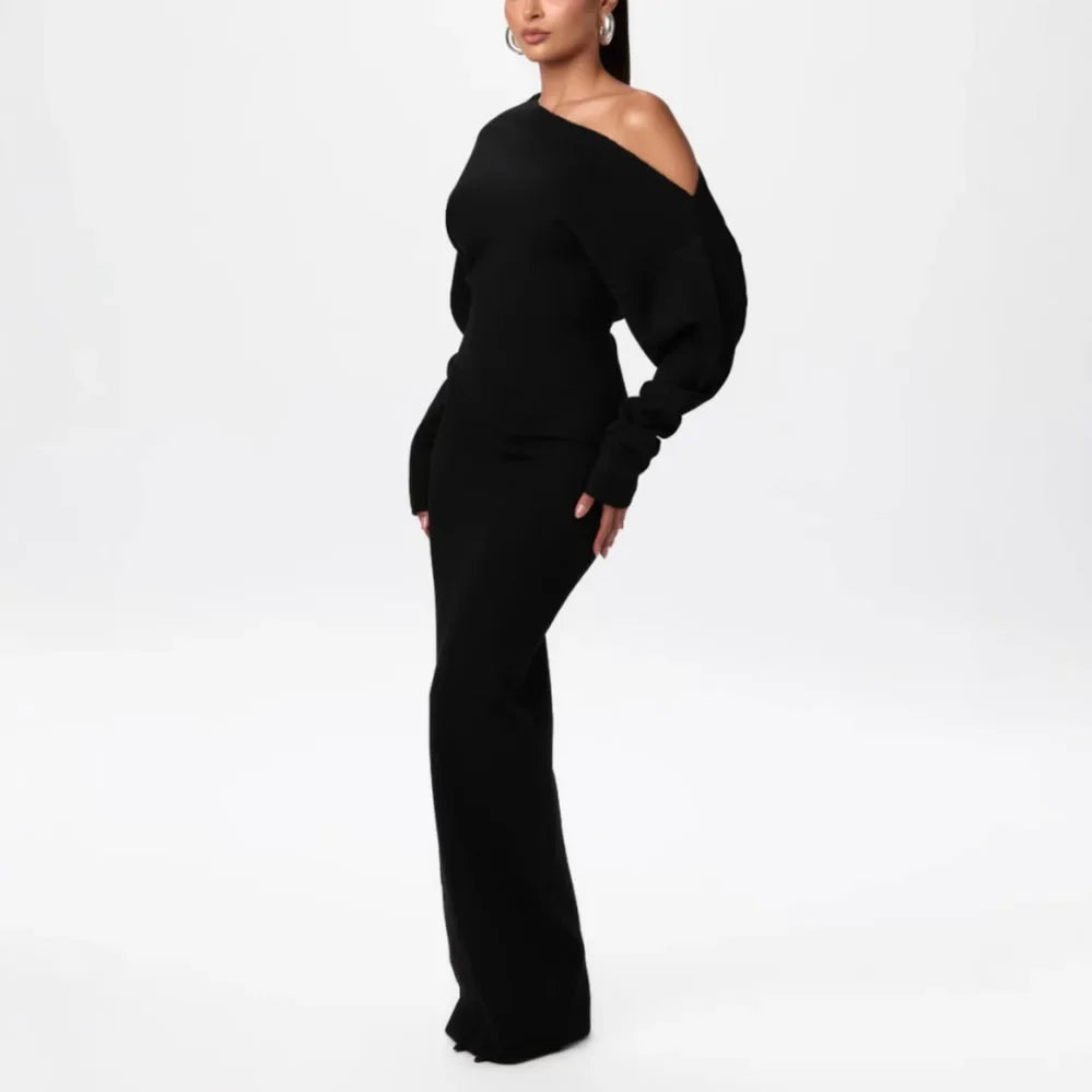 Benelux-Fashion | Elegante Off-Shoulder Maxi Jurk – Luxe Gebreid Design
