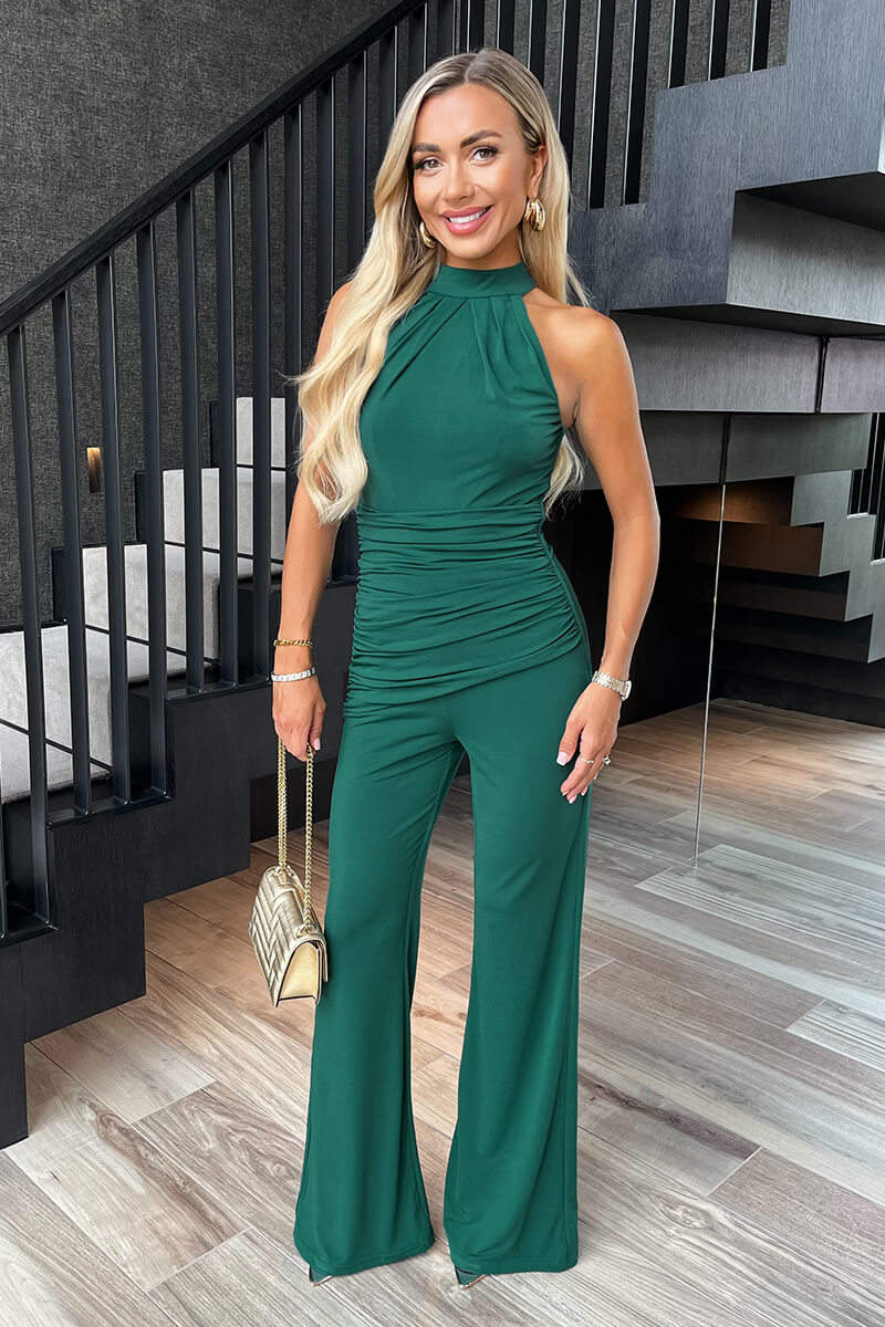 Benelux-fashion™|Teal Plissé Halter Nek Draped Taille Detail Jumpsuit
