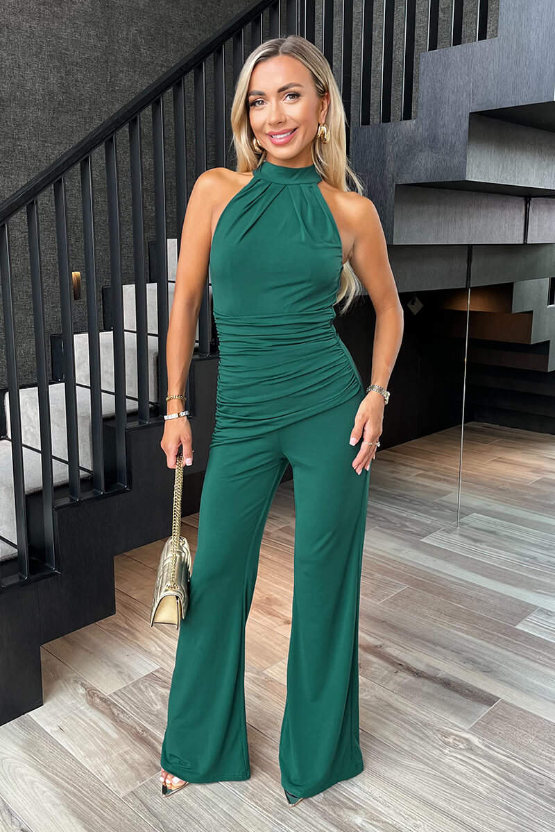 Benelux-fashion™|Teal Plissé Halter Nek Draped Taille Detail Jumpsuit