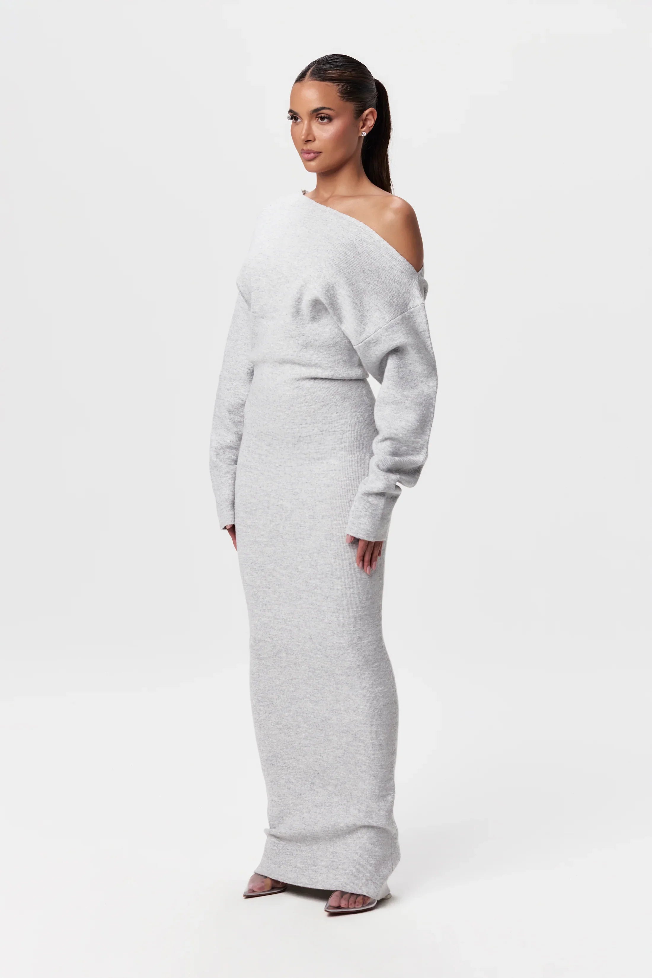 Benelux-Fashion | Elegante Off-Shoulder Maxi Jurk – Luxe Gebreid Design